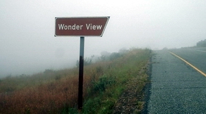 Schild mit der Aufschrift Wonder View im Nebel